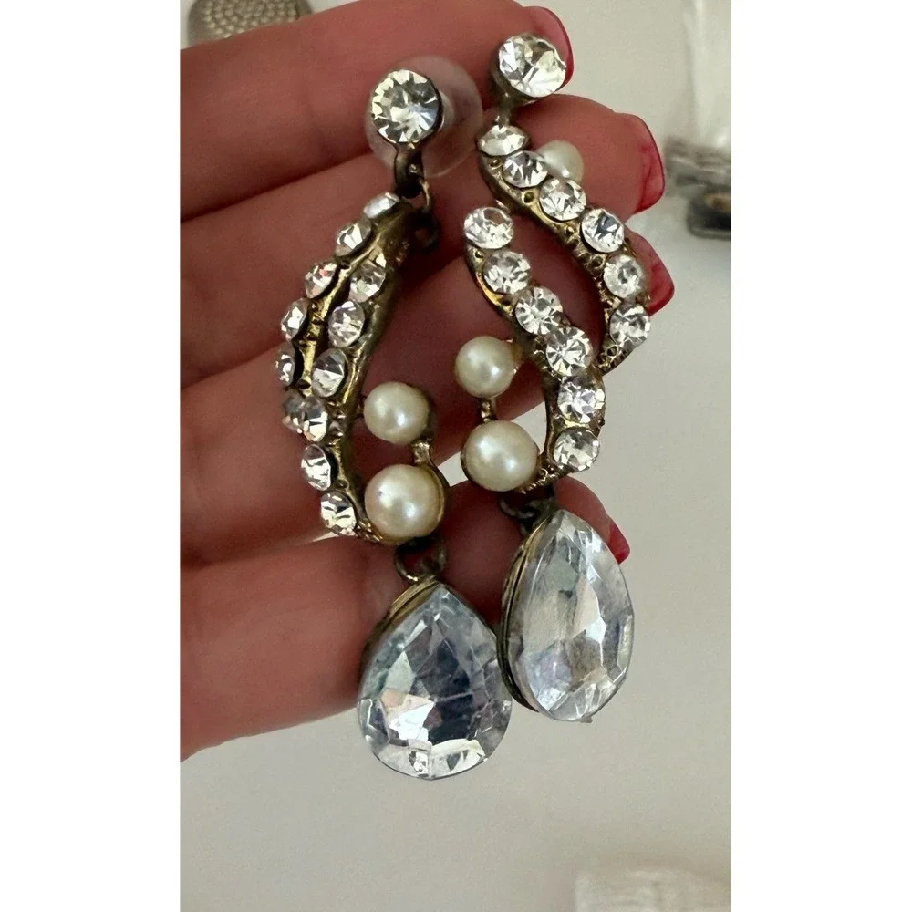 Vintage Clear Crystal Faux Pearl Statement 2.5